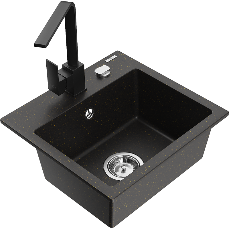 Mexen Milo 1-bowl granite kitchen sink with Rita tap, black/gold metallic - 6505-75-670300-70