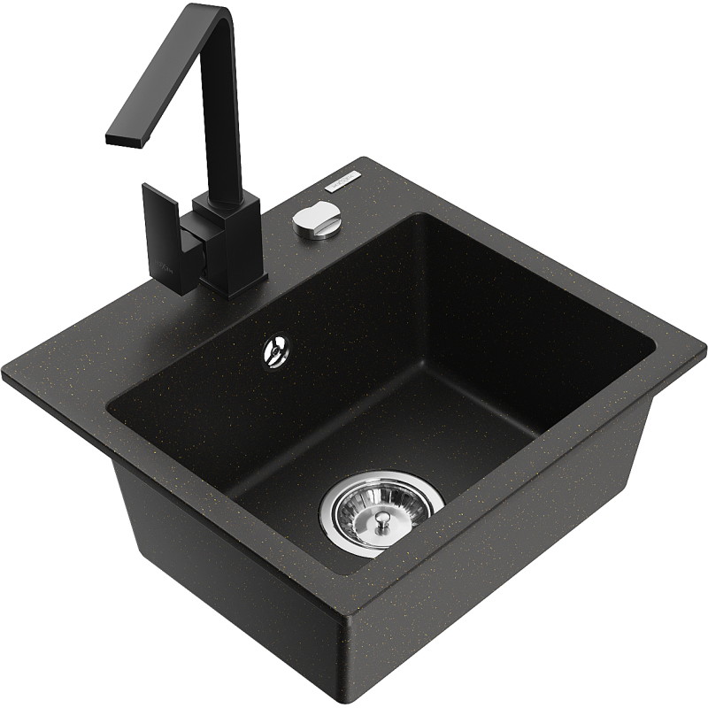 Mexen Milo 1-bowl granite sink with Rita kitchen faucet, black/gold metallic - 6505-75-670300-70