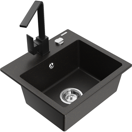Mexen Milo 1-bowl granite sink with Rita kitchen faucet, black/gold metallic - 6505-75-670300-70