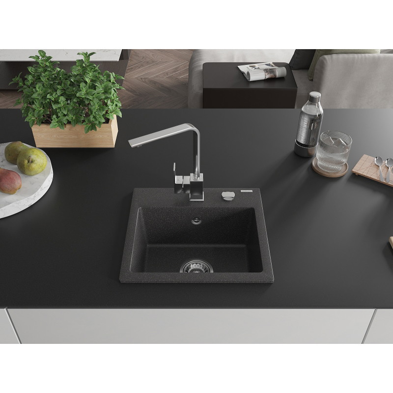 Mexen Milo granite kitchen sink 1-bowl with Rita kitchen faucet, speckled black - 6505-76-670300-00
