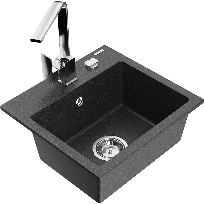 Mexen Milo single-bowl granite sink with Rita kitchen faucet, black speckled - 6505-76-670300-00