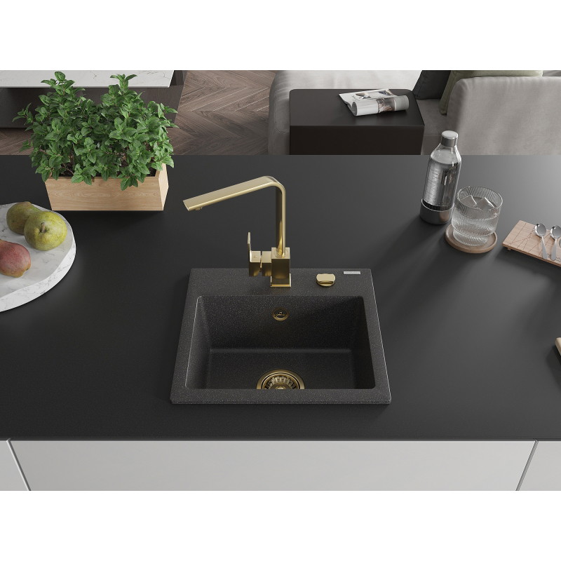 Mexen Milo granite kitchen sink 1-bowl with Rita kitchen faucet, black speckled - 6505-76-670300-50