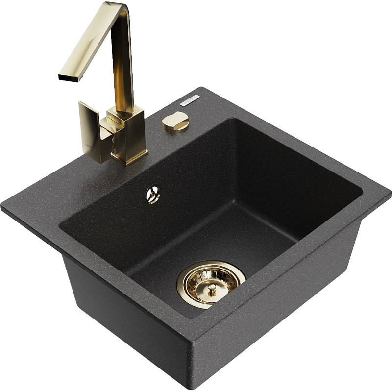 Mexen Milo granite kitchen sink 1-bowl with kitchen faucet Rita, black speckled - 6505-76-670300-50
