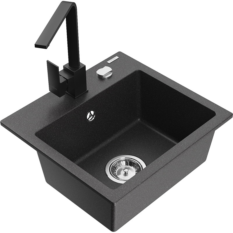 Mexen Milo single-bowl granite sink with Rita kitchen faucet, speckled black - 6505-76-670300-70