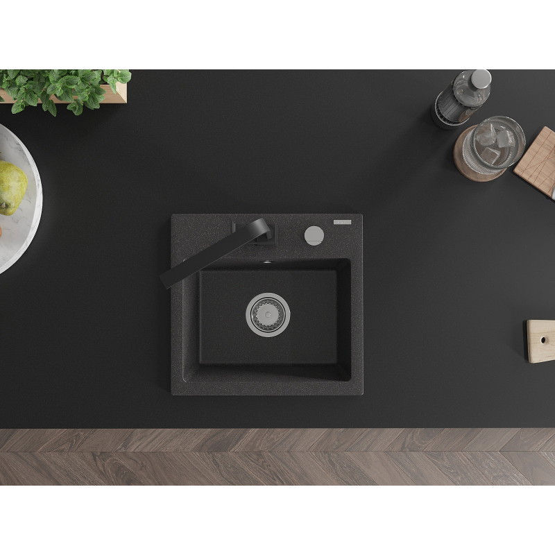 Mexen Milo 1-bowl granite sink with kitchen faucet Rita, black speckled - 6505-76-670300-70