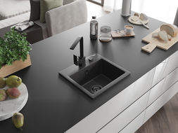 Mexen Milo 1-compartment granite sink with a kitchen mixer tap Rita, spotted black - 6505-76-670300-70-B