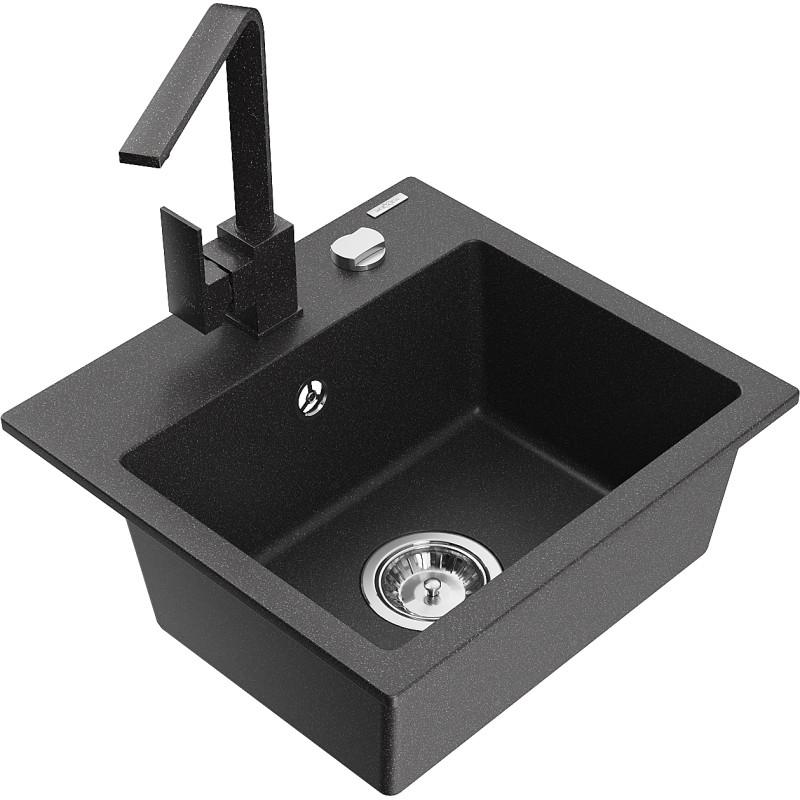 Mexen Milo 1-bowl granite sink with Rita kitchen faucet, speckled black - 6505-76-670300-76