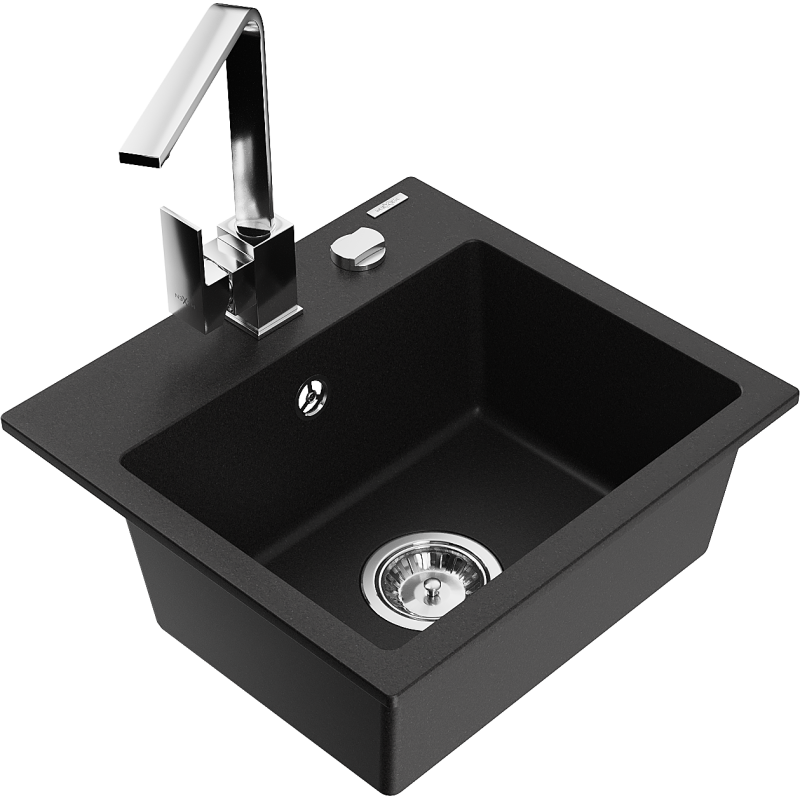 Mexen Milo 1-compartment granite sink with a kitchen mixer tap Rita, Black - 6505-77-670300-00