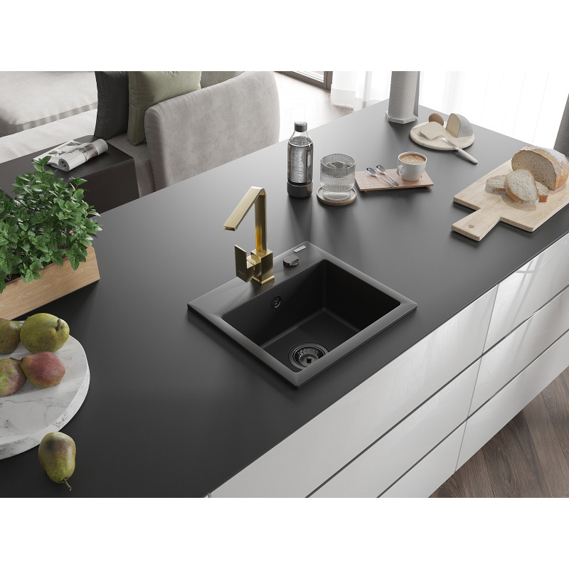 Mexen Milo 1-bowl granite sink with Rita kitchen faucet, black - 6505-77-670300-50-B