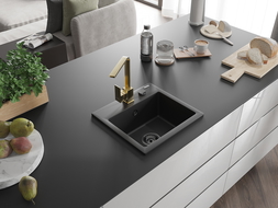 Mexen Milo 1-compartment granite sink with a kitchen mixer tap Rita, Black - 6505-77-670300-50-B