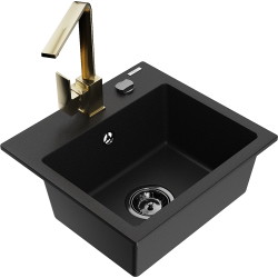 Mexen Milo 1-compartment granite sink with a kitchen mixer tap Rita, Black - 6505-77-670300-50-B