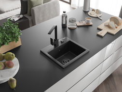 Mexen Milo 1-compartment granite sink with a kitchen mixer tap Rita, Black - 6505-77-670300-70-B