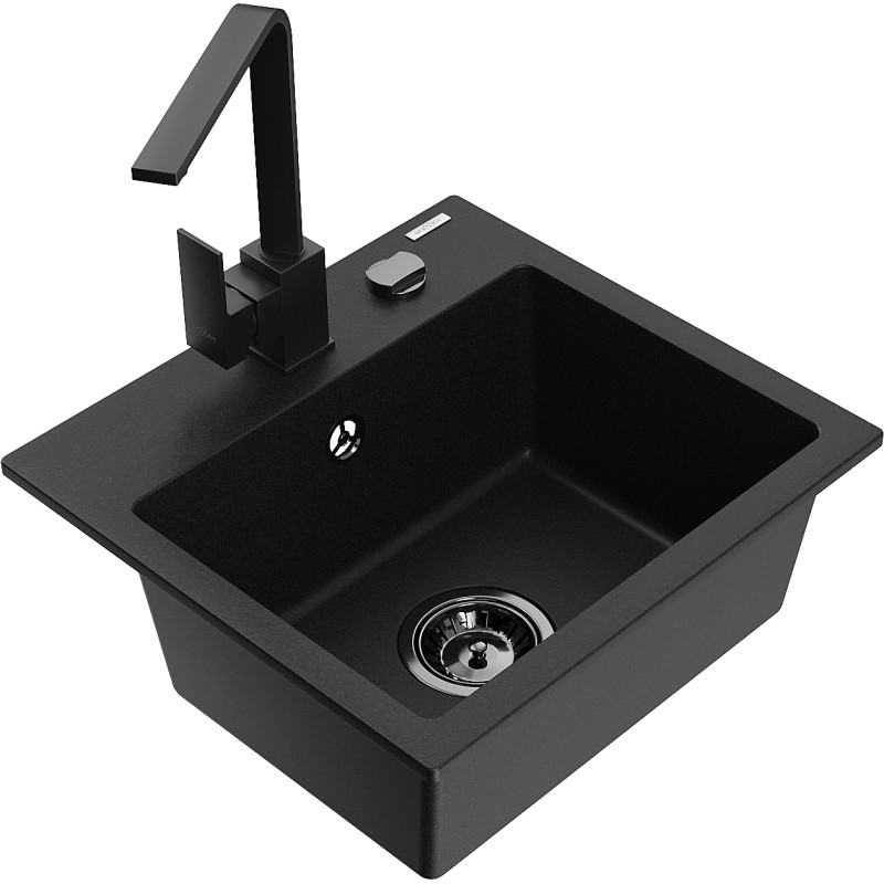 Mexen Milo granite kitchen sink 1-bowl with Rita kitchen faucet, black - 6505-77-670300-70-B