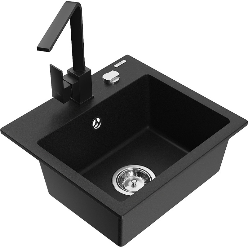 Mexen Milo 1-bowl granite sink with Rita kitchen faucet, black - 6505-77-670300-70