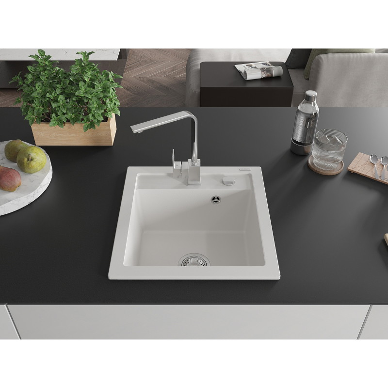 Mexen Vito 1-bowl granite sink with Rita kitchen faucet, white - 6503-20-670300-00