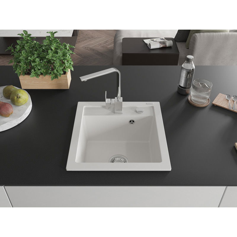 Mexen Vito 1-bowl granite sink with Rita kitchen tap, white - 6503-20-670300-00