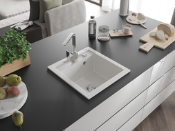 Mexen Vito 1-compartment granite sink with a kitchen mixer tap Rita, White - 6503-20-670300-00