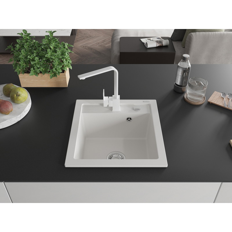 Mexen Vito granite kitchen sink 1-bowl with Rita kitchen faucet, white - 6503-20-670300-20