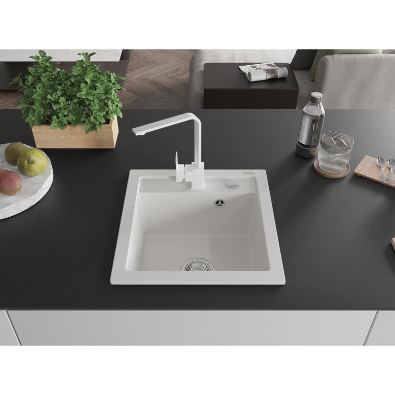 Mexen Vito granite sink 1-bowl with Rita kitchen tap, white - 6503-20-670300-20