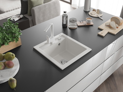 Mexen Vito 1-compartment granite sink with a kitchen mixer tap Rita, White - 6503-20-670300-20