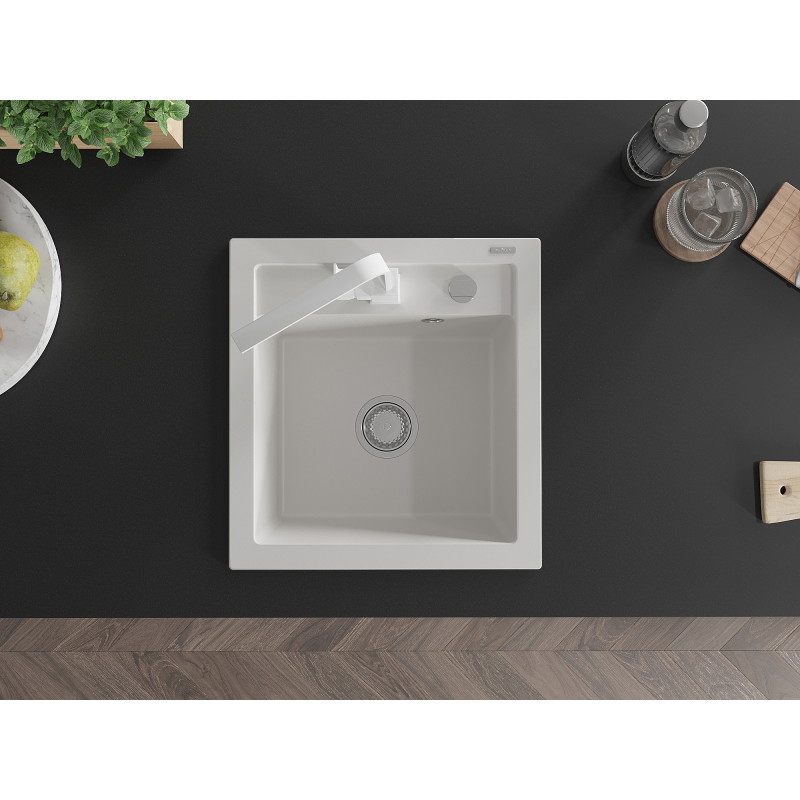 Mexen Vito granite kitchen sink 1-bowl with Rita kitchen faucet, white - 6503-20-670300-20