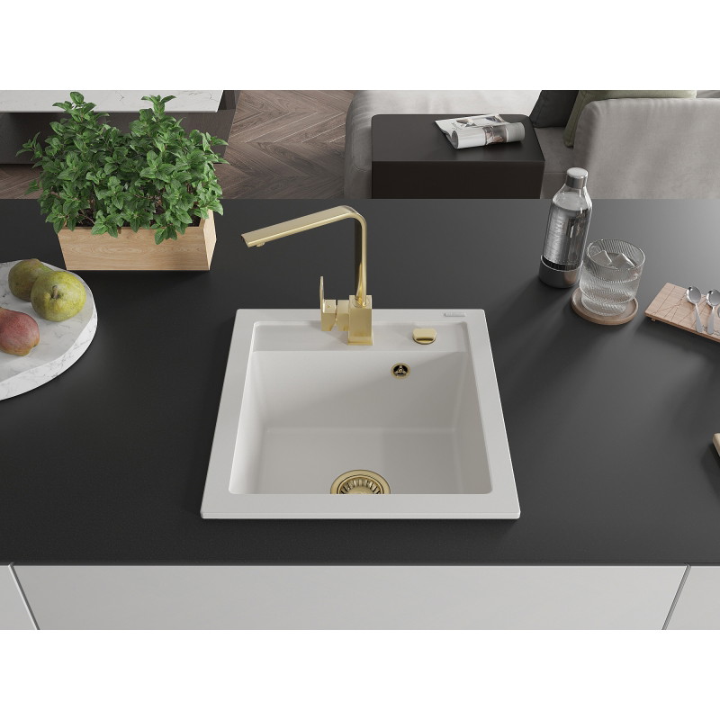 Mexen Vito single-bowl granite sink with Rita kitchen faucet, white - 6503-20-670300-50
