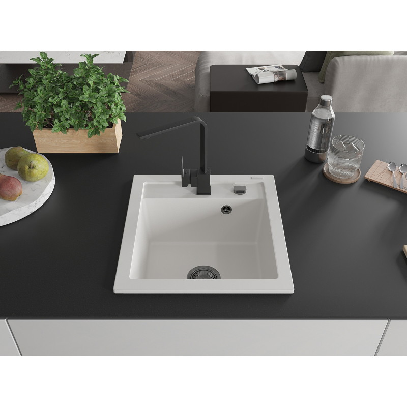 Mexen Vito single-basin granite sink with Rita kitchen faucet, white - 6503-20-670300-70