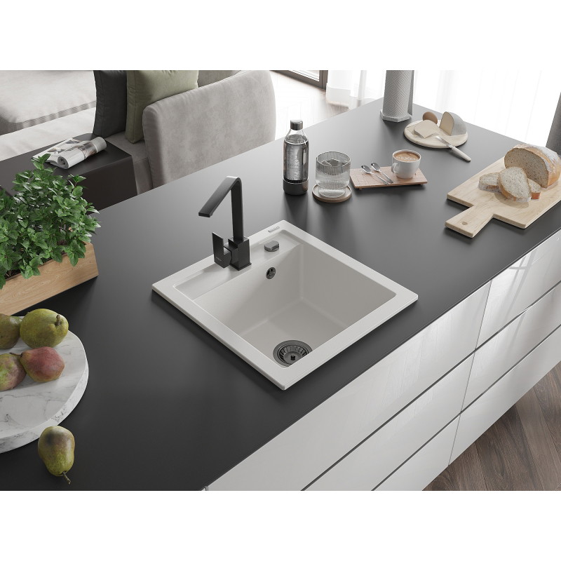 Mexen Vito granite sink 1-bowl with kitchen faucet Rita, white - 6503-20-670300-70