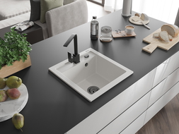 Mexen Vito 1-compartment granite sink with a kitchen mixer tap Rita, White - 6503-20-670300-70