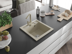 Mexen Vito 1-bowl granite sink with Rita kitchen tap, beige - 6503-69-670300-69