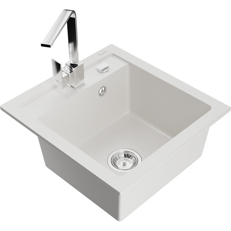 Mexen Vito 1-bowl granite sink with Rita kitchen faucet, white - 6503-20-670300-00