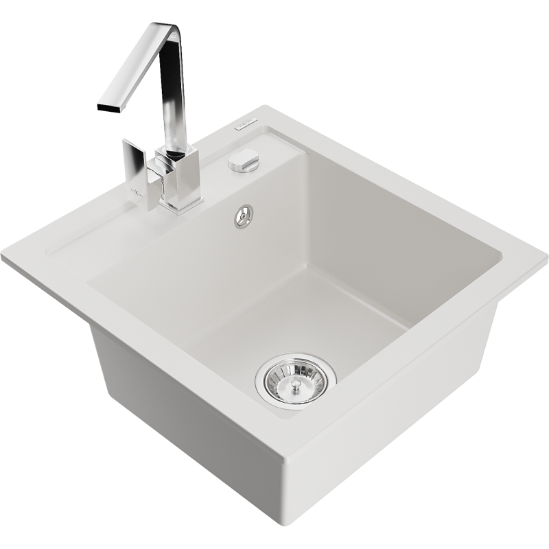 Mexen Vito 1-compartment granite sink with a kitchen mixer tap Rita, White - 6503-20-670300-00