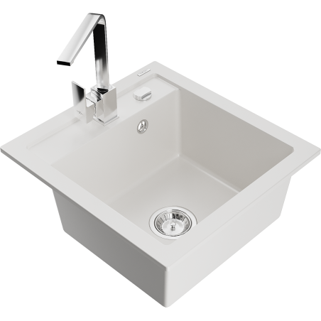 Mexen Vito 1-bowl granite sink with Rita kitchen faucet, white - 6503-20-670300-00