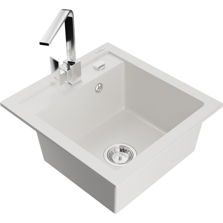 Mexen Vito 1-bowl granite sink with Rita kitchen tap, white - 6503-20-670300-00