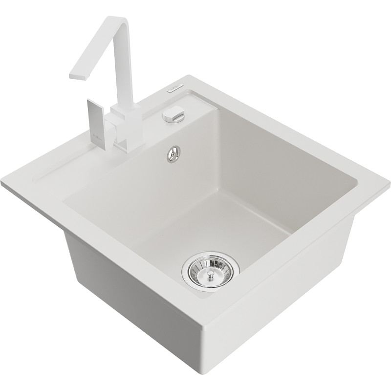 Mexen Vito granite kitchen sink 1-bowl with Rita kitchen faucet, white - 6503-20-670300-20