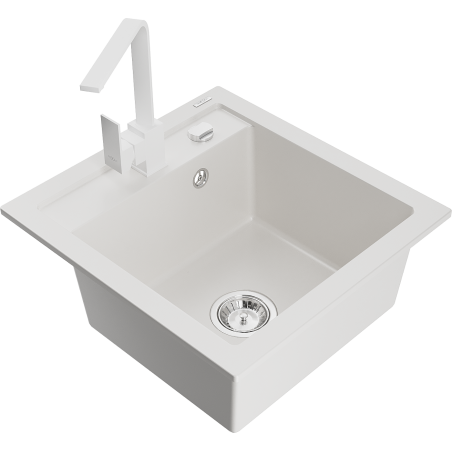 Mexen Vito granite sink 1-bowl with Rita kitchen tap, white - 6503-20-670300-20