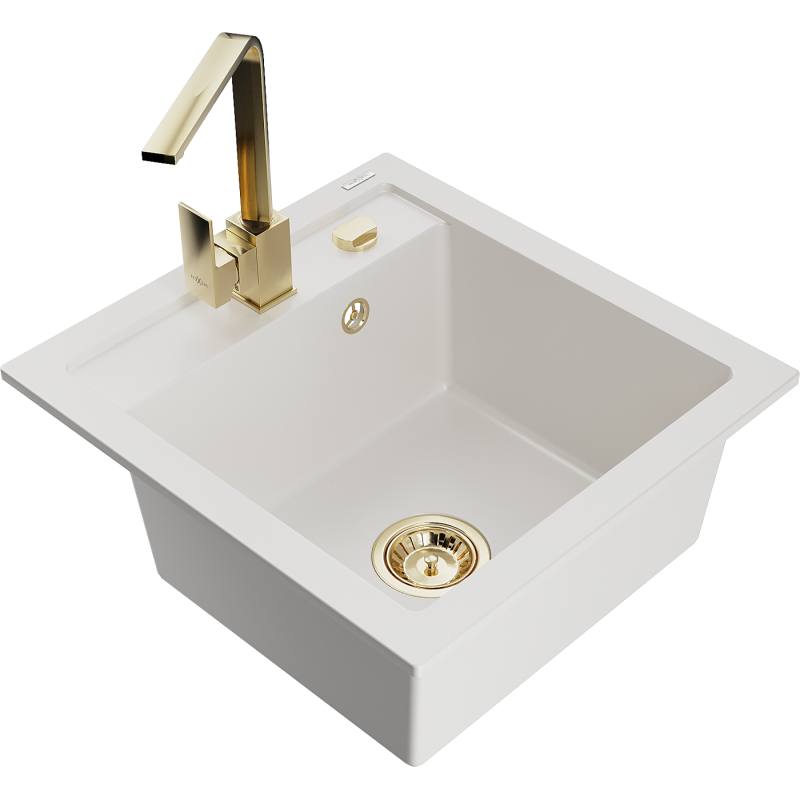 Mexen Vito 1-bowl granite sink with Rita kitchen tap, white - 6503-20-670300-50