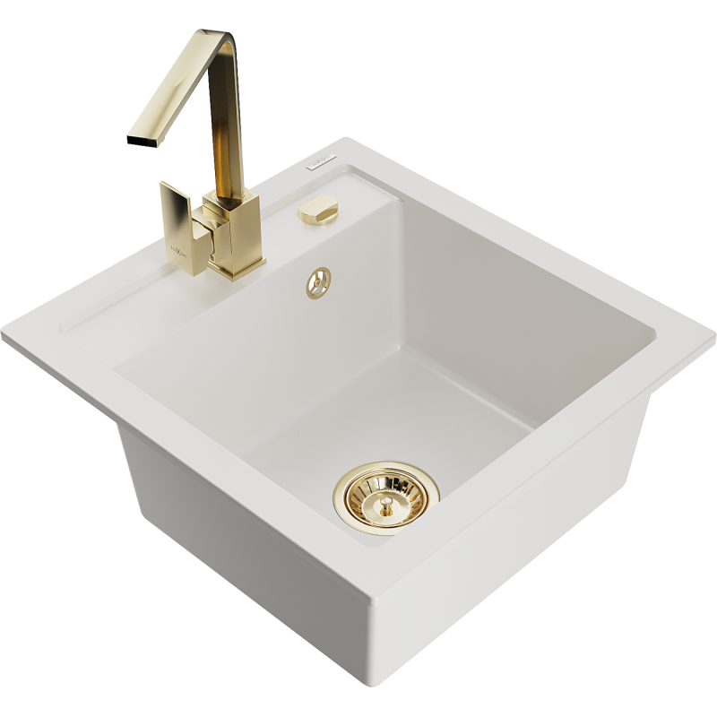 Mexen Vito 1-compartment granite sink with a kitchen mixer tap Rita, White - 6503-20-670300-50