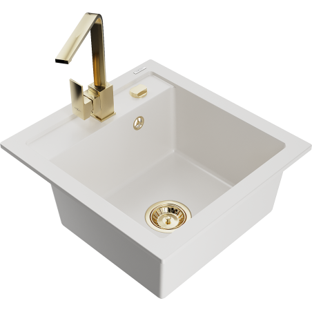 Mexen Vito 1-bowl granite sink with Rita kitchen tap, white - 6503-20-670300-50