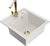 Mexen Vito 1-compartment granite sink with a kitchen mixer tap Rita, White - 6503-20-670300-50