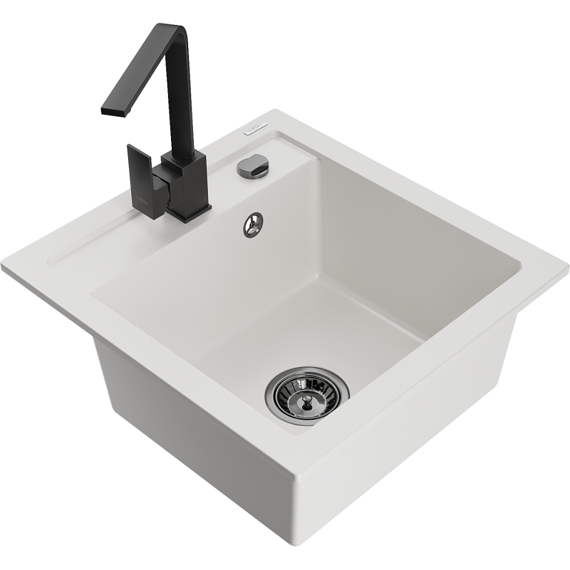 Mexen Vito 1-compartment granite sink with a kitchen mixer tap Rita, White - 6503-20-670300-70