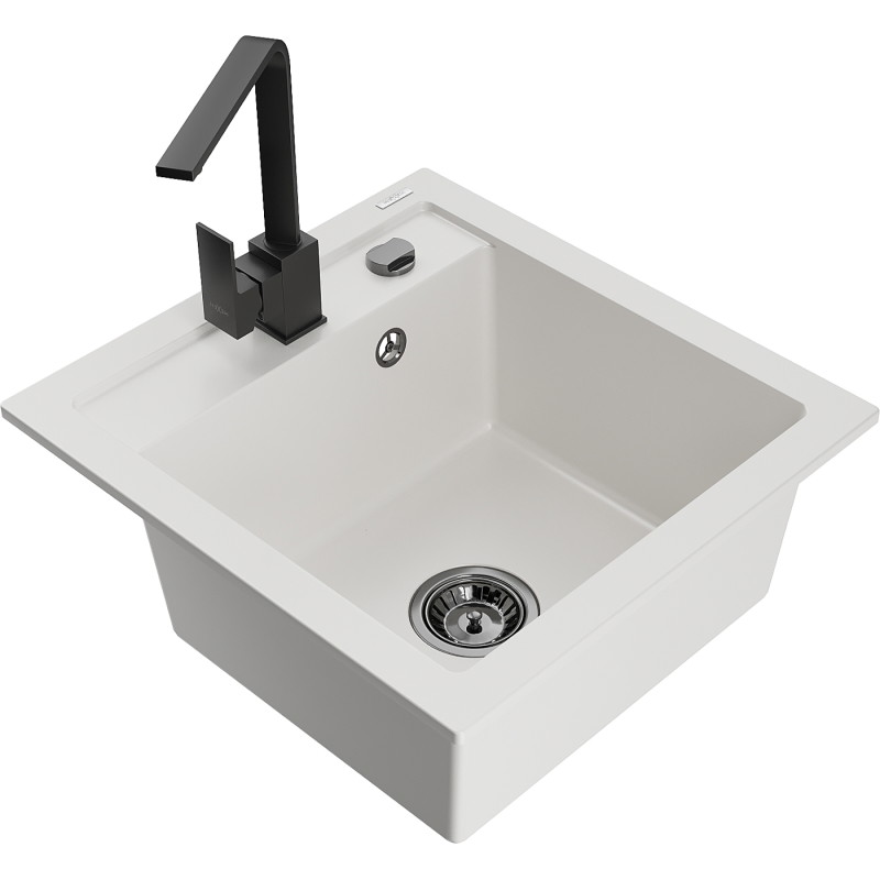 Mexen Vito single-basin granite sink with Rita kitchen faucet, white - 6503-20-670300-70