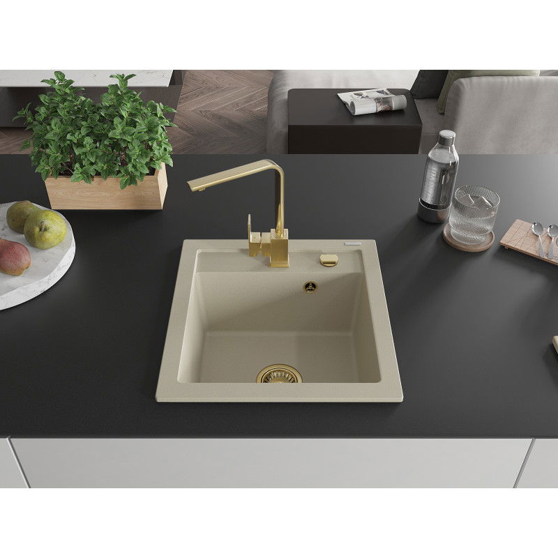 Mexen Vito granite sink single-bowl with Rita kitchen tap, beige - 6503-69-670300-50