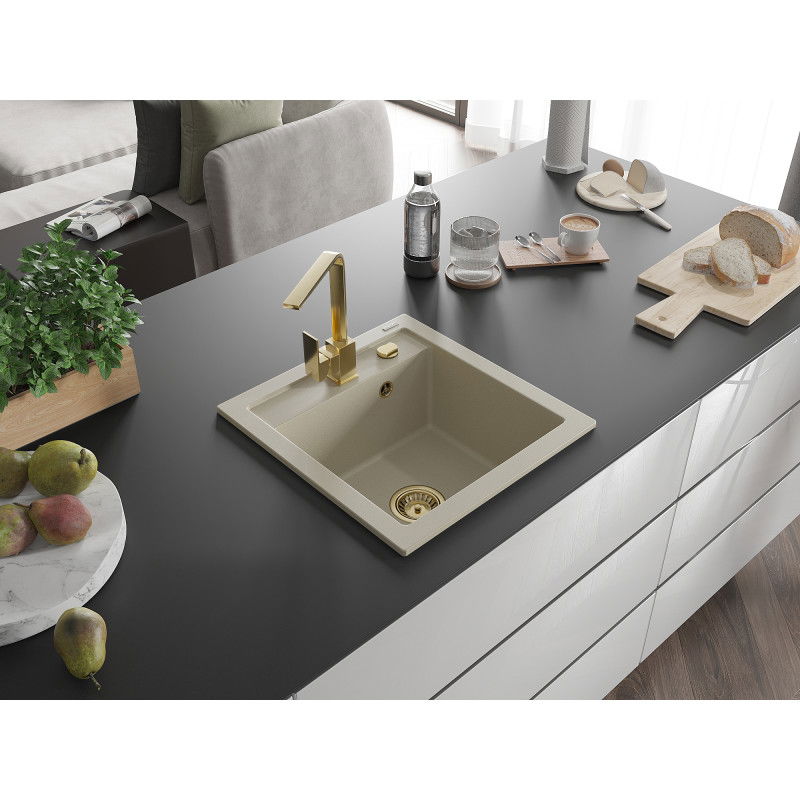 Mexen Vito granite sink single-bowl with Rita kitchen tap, beige - 6503-69-670300-50