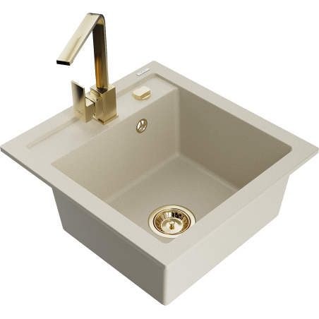 Mexen Vito 1-compartment granite sink with a kitchen mixer tap Rita, Beige - 6503-69-670300-50