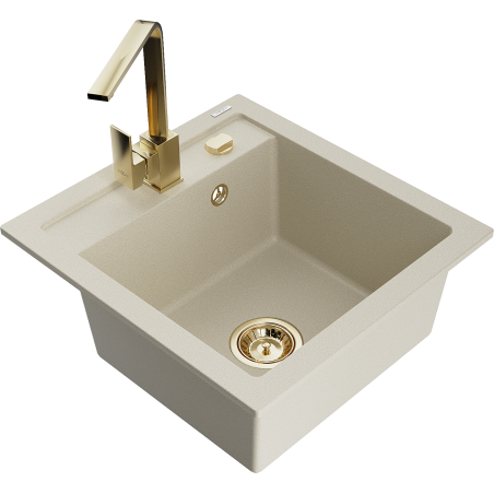 Mexen Vito granite sink single-bowl with Rita kitchen tap, beige - 6503-69-670300-50
