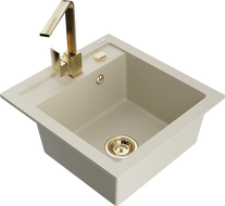 Mexen Vito granite sink single-bowl with Rita kitchen tap, beige - 6503-69-670300-50