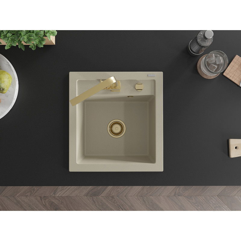Mexen Vito granite sink single-bowl with Rita kitchen tap, beige - 6503-69-670300-50