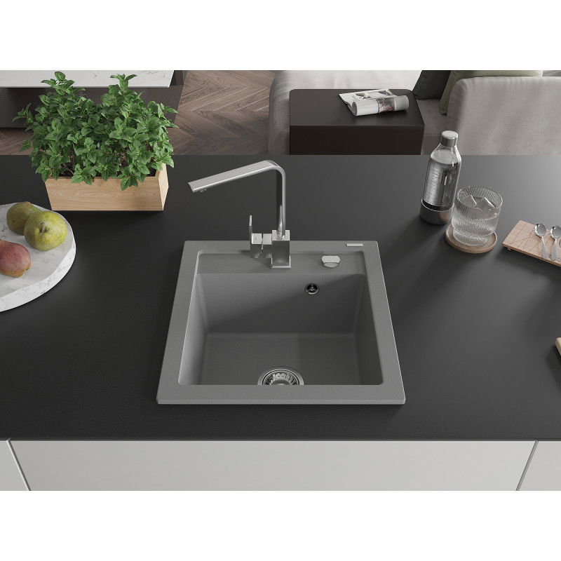 Mexen Vito Granite Sink 1-Bowl with Rita Kitchen Tap, Grey - 6503-71-670300-00