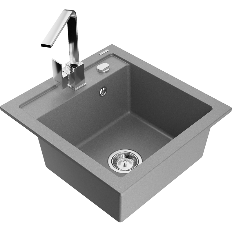 Mexen Vito Granite Sink 1-Bowl with Rita Kitchen Tap, Grey - 6503-71-670300-00